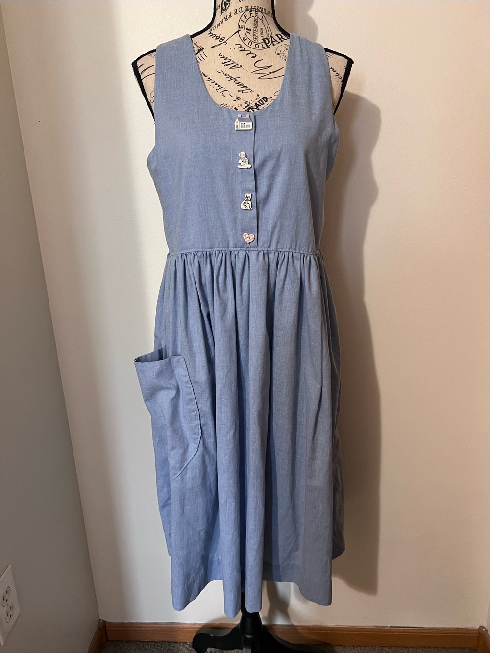 VTG Handmade Blue pinafore Midi Dress Novelty Cat House Buttons Medium